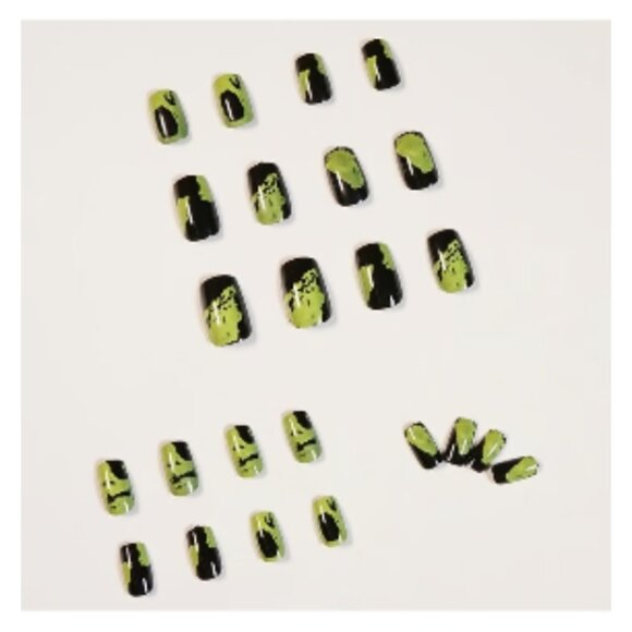 24 Piece Press On Fske Nails Dark Green Future Art Graffitti Manicure Finish - Picture 1 of 6